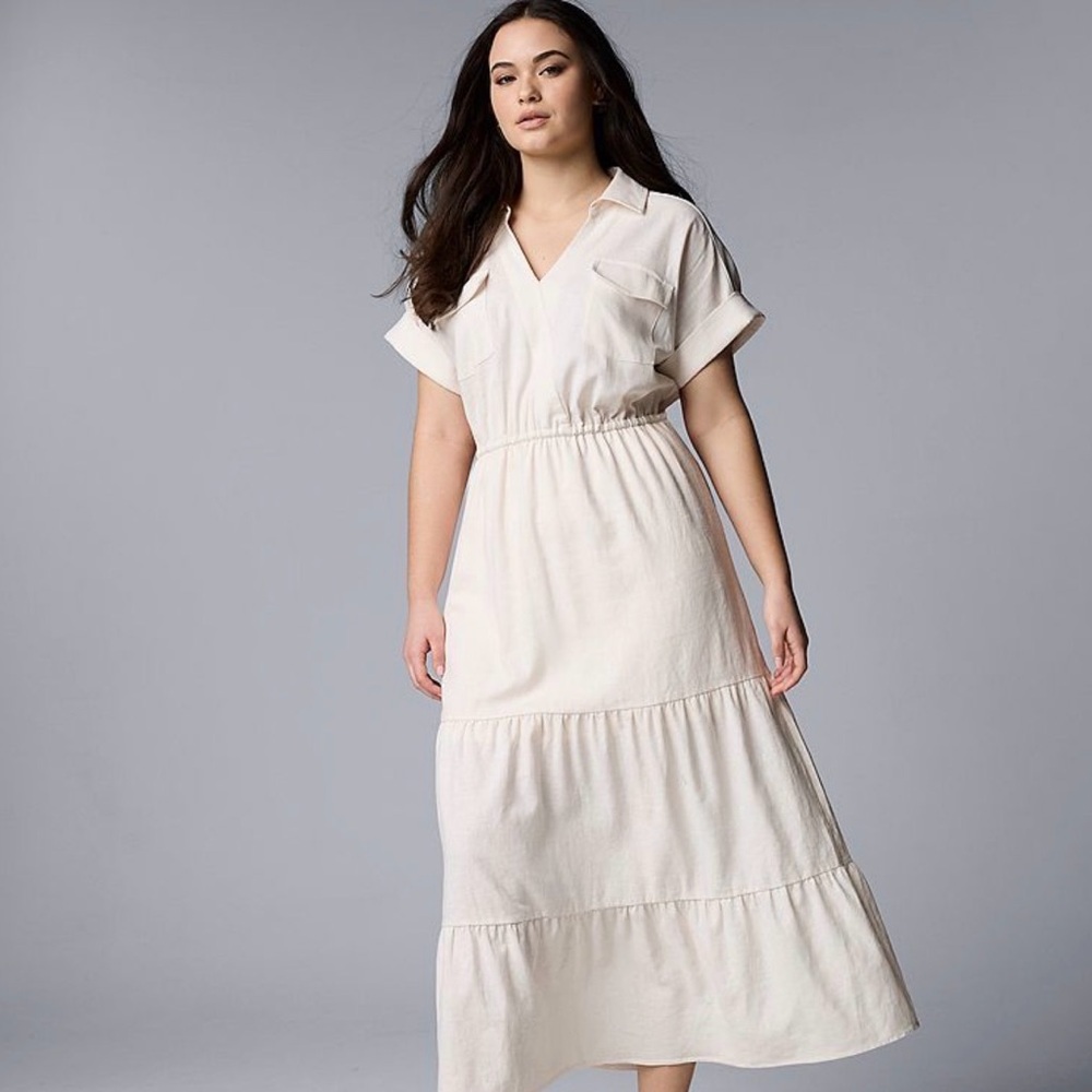 Simply Vera Vera Wang Cream V-neck Maxi Shirt Dress with pockets
